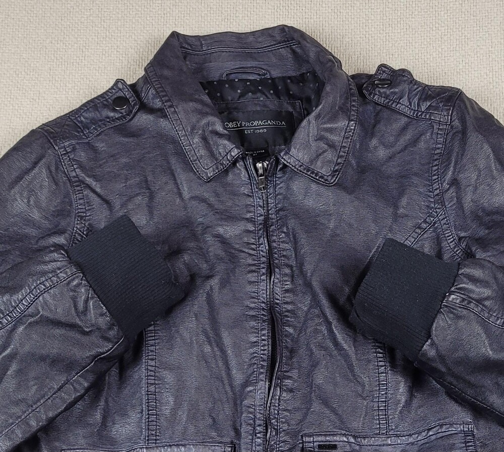 Obey Propaganda Jacket Womens Medium Black Faux Leather Biker Bomber Pockets Zip